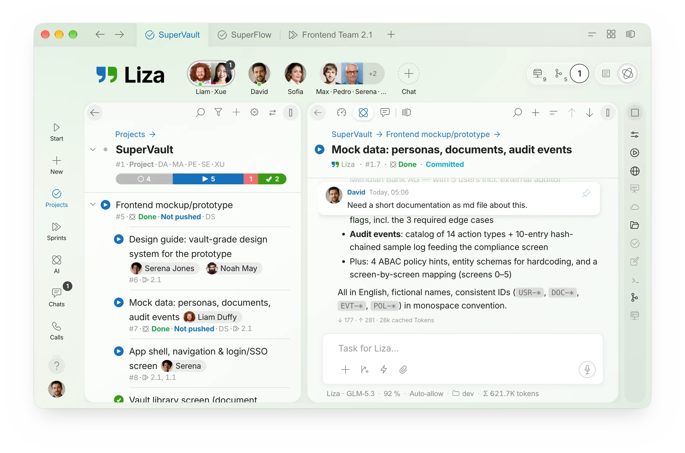 Liza screenshot: a project with its tasks, next to it a task with team chat and AI agent